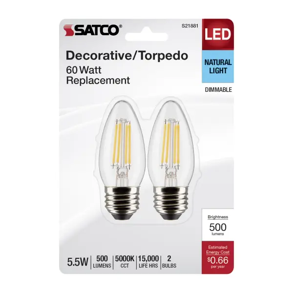 5.5 Watt B11 LED Filament - Clear - Medium Base - 5000K - 120 Volt - 2-Pack - Image 4
