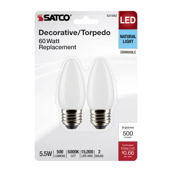 5.5 Watt B11 LED Filament - Frost Finish - Medium Base - 5000K - 120 Volt - 2-Pack - Image 4
