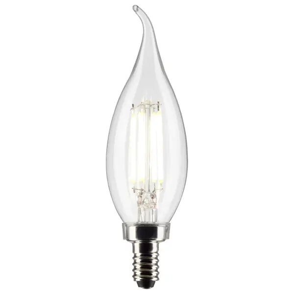 SATCO NUVO's 5.5-watt clear, LED CA10 bulb with a candelabra base is dimmable and offers 5000K natural light. Wet rated for indoor and outdoor applications, the carded 2-pack is suitable for retail display. Elegant and long-lasting, this clear bulb delivers 15,000 hours of exceptional illumination. - alternate view