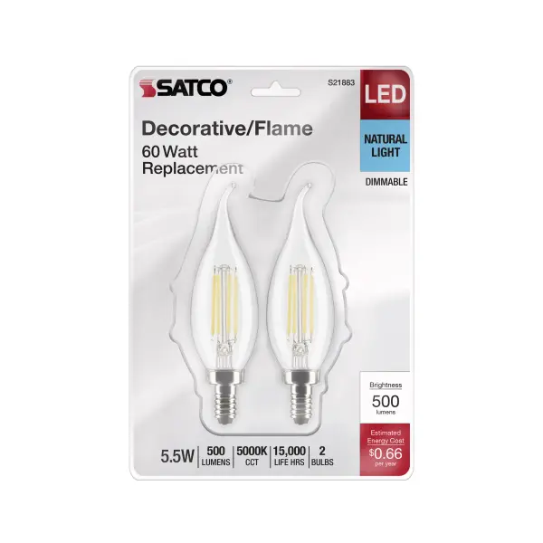 5.5 Watt CA10 LED Filament - Clear - Candelabra Base - 5000K - 120 Volt - 2-Card - Image 4