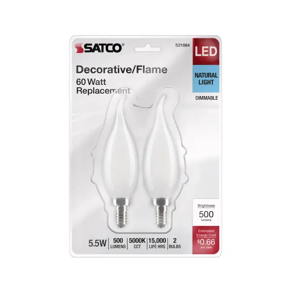 5.5 Watt CA10 LED Filament - Frost Finish - Candelabra Base - 5000K - 120 Volt - 2-Card - Image 4
