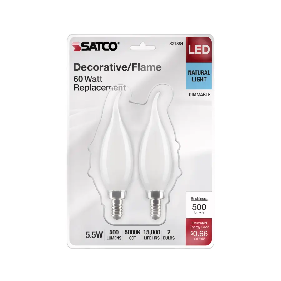 5.5 Watt CA10 LED Filament - Frost Finish - Candelabra Base - 5000K - 120 Volt - 2-Card - Image 4