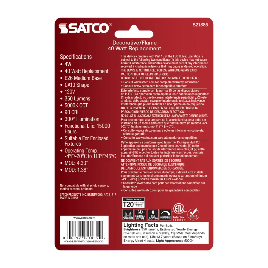 4 Watt CA10 LED Filament - Clear - Medium Base - 5000K - 120 Volt - 2-Pack - Image 5