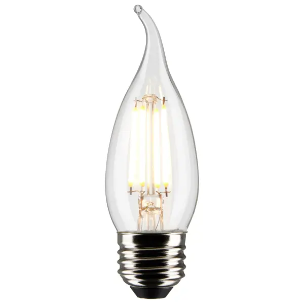 SATCO NUVO's 5.5-watt clear, LED CA10 bulb with a medium base is dimmable and offers 5000K natural light. Wet rated for indoor and outdoor applications, the carded 2-pack is suitable for retail display. Elegant and long-lasting, this clear bulb delivers 15,000 hours of exceptional illumination. - alternate view