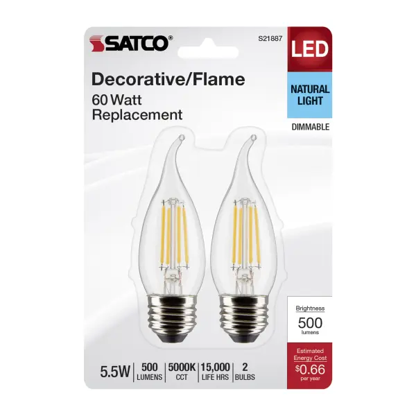 5.5 Watt CA10 LED Filament - Clear - Medium Base - 5000K - 120 Volt - 2-Card - Image 4