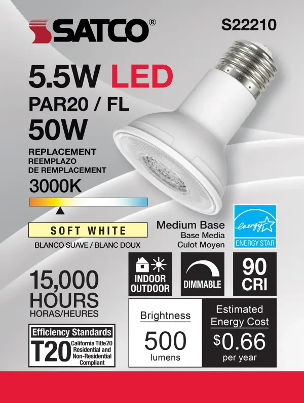 5.5 Watt PAR20 LED - 90 CRI - 3000K - 40 deg. Beam Angle - Medium base - 120 Volt - Image 2