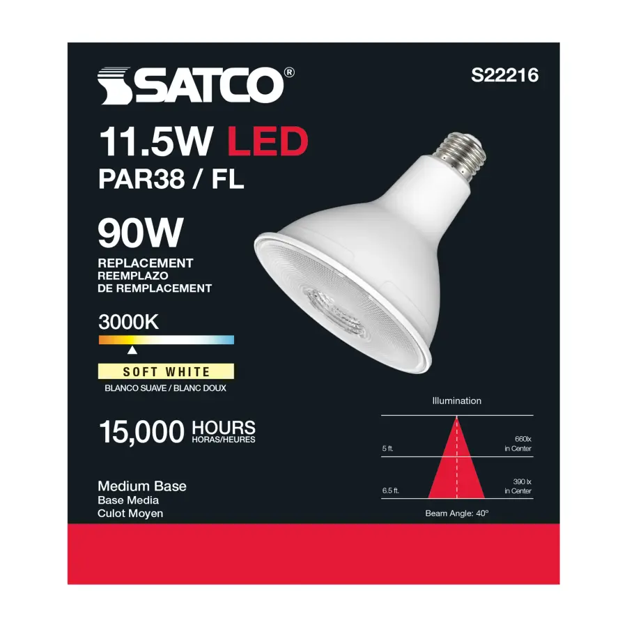 11.5 Watt PAR38 LED - 90 CRI - 3000K - 40 deg. Beam Angle - Medium base - 120 Volt - Image 3