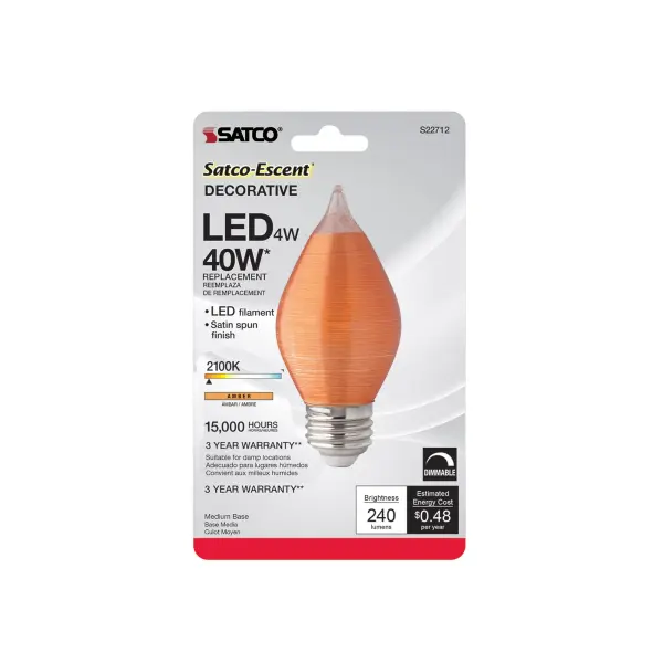 4 Watt C15 LED Filament - Satin Spun - Amber - Medium base - 2100K - 240 Lumens - 120 Volt - Carded - Image 2