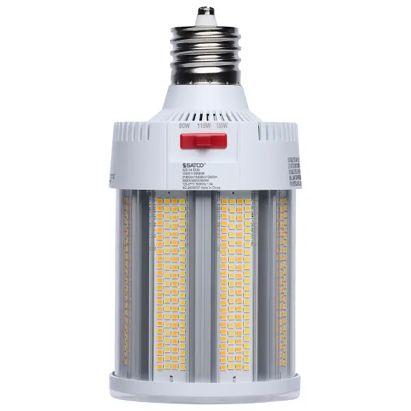 SATCO NUVO Hi-Lumen Hi-Pro lamps deliver exceptional LED illumination, replacing metal halide lamps from 450W up to 1000W. With a staggering maximum output of over 73,000 lumens, they provide superior brightness while improving energy efficiency and reducing maintenance costs. Built as field selectable, users can adjust both wattage and CCT to meet their specific needs and with an extended mogul EX39 base and rated for enclosed fixtures, these lamps are ideal for industrial and commercial applications such as warehouses, gymnasiums, and factory floors. Featuring a Type B ballast bypass design, they operate without the need for a ballast. Available in 120-277V and 270-480V models, they support a wide range of electrical systems, making them suitable for both small- and large-scale operations. A universal operating position allows for flexible installation, and most models include a support bracket and safety cables for added security where required. For enhanced performance and longevity, these lamps feature an integrated active cooling fan and 4kV or 6kV surge protection. With a 50,000-hour functional life and a 5-year warranty, these lamps deliver long-lasting, high-lumen output where it matters most.
