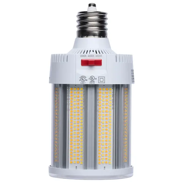 SATCO NUVO Hi-Lumen Hi-Pro lamps deliver exceptional LED illumination, replacing metal halide lamps from 450W up to 1000W. With a staggering maximum output of over 73,000 lumens, they provide superior brightness while improving energy efficiency and reducing maintenance costs. Built as field selectable, users can adjust both wattage and CCT to meet their specific needs and with an extended mogul EX39 base and rated for enclosed fixtures, these lamps are ideal for industrial and commercial applications such as warehouses, gymnasiums, and factory floors. Featuring a Type B ballast bypass design, they operate without the need for a ballast. Available in 120-277V and 270-480V models, they support a wide range of electrical systems, making them suitable for both small- and large-scale operations. A universal operating position allows for flexible installation, and most models include a support bracket and safety cables for added security where required. For enhanced performance and longevity, these lamps feature an integrated active cooling fan and 4kV or 6kV surge protection. With a 50,000-hour functional life and a 5-year warranty, these lamps deliver long-lasting, high-lumen output where it matters most. - alternate view