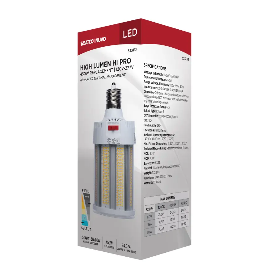 150/115/80 Watt - 30K/40K/50K CCT - Field Selectable LED - Corncob - Mogul Extended Base - 120-277 Ranged Voltage - 450 Watt HID Replacement - Image 14