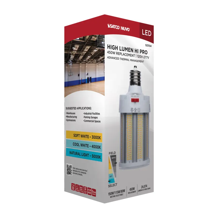 150/115/80 Watt - 30K/40K/50K CCT - Field Selectable LED - Corncob - Mogul Extended Base - 120-277 Ranged Voltage - 450 Watt HID Replacement - Image 15