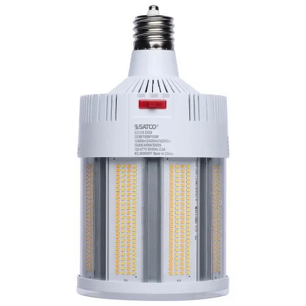SATCO NUVO Hi-Lumen Hi-Pro lamps deliver exceptional LED illumination, replacing metal halide lamps from 450W up to 1000W. With a staggering maximum output of over 73,000 lumens, they provide superior brightness while improving energy efficiency and reducing maintenance costs. Built as field selectable, users can adjust both wattage and CCT to meet their specific needs and with an extended mogul EX39 base and rated for enclosed fixtures, these lamps are ideal for industrial and commercial applications such as warehouses, gymnasiums, and factory floors. Featuring a Type B ballast bypass design, they operate without the need for a ballast. Available in 120-277V and 270-480V models, they support a wide range of electrical systems, making them suitable for both small- and large-scale operations. A universal operating position allows for flexible installation, and most models include a support bracket and safety cables for added security where required. For enhanced performance and longevity, these lamps feature an integrated active cooling fan and 4kV or 6kV surge protection. With a 50,000-hour functional life and a 5-year warranty, these lamps deliver long-lasting, high-lumen output where it matters most.