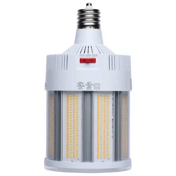 SATCO NUVO Hi-Lumen Hi-Pro lamps deliver exceptional LED illumination, replacing metal halide lamps from 450W up to 1000W. With a staggering maximum output of over 73,000 lumens, they provide superior brightness while improving energy efficiency and reducing maintenance costs. Built as field selectable, users can adjust both wattage and CCT to meet their specific needs and with an extended mogul EX39 base and rated for enclosed fixtures, these lamps are ideal for industrial and commercial applications such as warehouses, gymnasiums, and factory floors. Featuring a Type B ballast bypass design, they operate without the need for a ballast. Available in 120-277V and 270-480V models, they support a wide range of electrical systems, making them suitable for both small- and large-scale operations. A universal operating position allows for flexible installation, and most models include a support bracket and safety cables for added security where required. For enhanced performance and longevity, these lamps feature an integrated active cooling fan and 4kV or 6kV surge protection. With a 50,000-hour functional life and a 5-year warranty, these lamps deliver long-lasting, high-lumen output where it matters most. - alternate view
