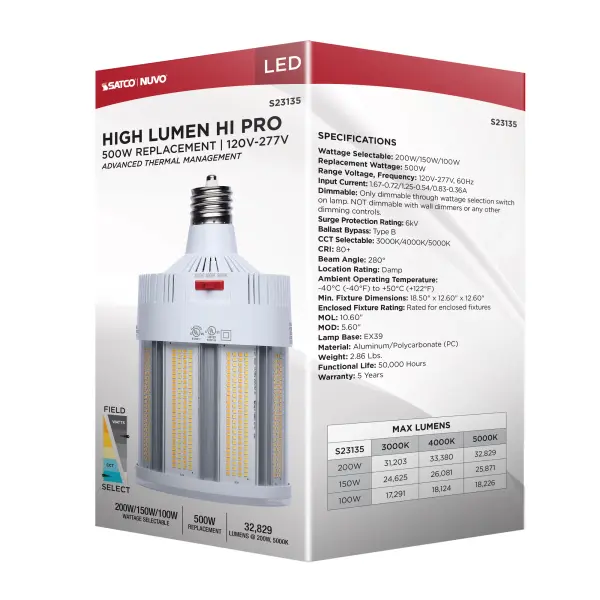 200/150/100 Watt - 30K/40K/50K CCT - Field Selectable LED - Corncob - Mogul Extended Base - 120-277 Ranged Voltage - 500 Watt HID Replacement - Image 19