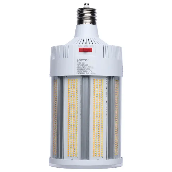 SATCO NUVO Hi-Lumen Hi-Pro lamps deliver exceptional LED illumination, replacing metal halide lamps from 450W up to 1000W. With a staggering maximum output of over 73,000 lumens, they provide superior brightness while improving energy efficiency and reducing maintenance costs. Built as field selectable, users can adjust both wattage and CCT to meet their specific needs and with an extended mogul EX39 base and rated for enclosed fixtures, these lamps are ideal for industrial and commercial applications such as warehouses, gymnasiums, and factory floors. Featuring a Type B ballast bypass design, they operate without the need for a ballast. Available in 120-277V and 270-480V models, they support a wide range of electrical systems, making them suitable for both small- and large-scale operations. A universal operating position allows for flexible installation, and most models include a support bracket and safety cables for added security where required. For enhanced performance and longevity, these lamps feature an integrated active cooling fan and 4kV or 6kV surge protection. With a 50,000-hour functional life and a 5-year warranty, these lamps deliver long-lasting, high-lumen output where it matters most.