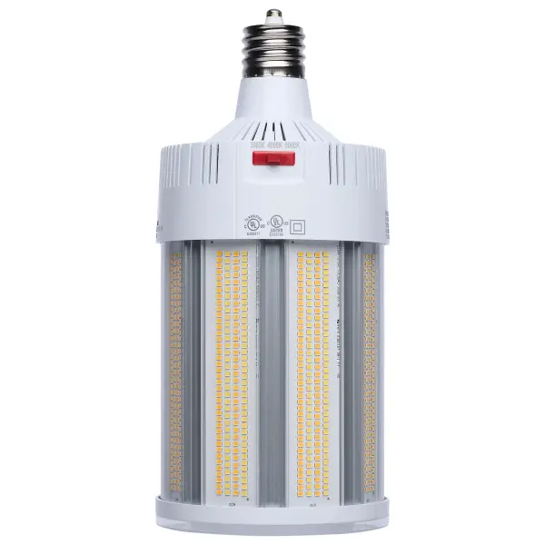 SATCO NUVO Hi-Lumen Hi-Pro lamps deliver exceptional LED illumination, replacing metal halide lamps from 450W up to 1000W. With a staggering maximum output of over 73,000 lumens, they provide superior brightness while improving energy efficiency and reducing maintenance costs. Built as field selectable, users can adjust both wattage and CCT to meet their specific needs and with an extended mogul EX39 base and rated for enclosed fixtures, these lamps are ideal for industrial and commercial applications such as warehouses, gymnasiums, and factory floors. Featuring a Type B ballast bypass design, they operate without the need for a ballast. Available in 120-277V and 270-480V models, they support a wide range of electrical systems, making them suitable for both small- and large-scale operations. A universal operating position allows for flexible installation, and most models include a support bracket and safety cables for added security where required. For enhanced performance and longevity, these lamps feature an integrated active cooling fan and 4kV or 6kV surge protection. With a 50,000-hour functional life and a 5-year warranty, these lamps deliver long-lasting, high-lumen output where it matters most. - alternate view