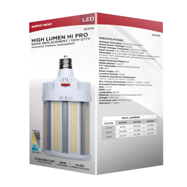 270/200/135 Watt - 30K/40K/50K CCT - Field Selectable LED - Corncob - Mogul Extended Base - 120-277 Ranged Voltage - 600 Watt HID Replacement - Image 19