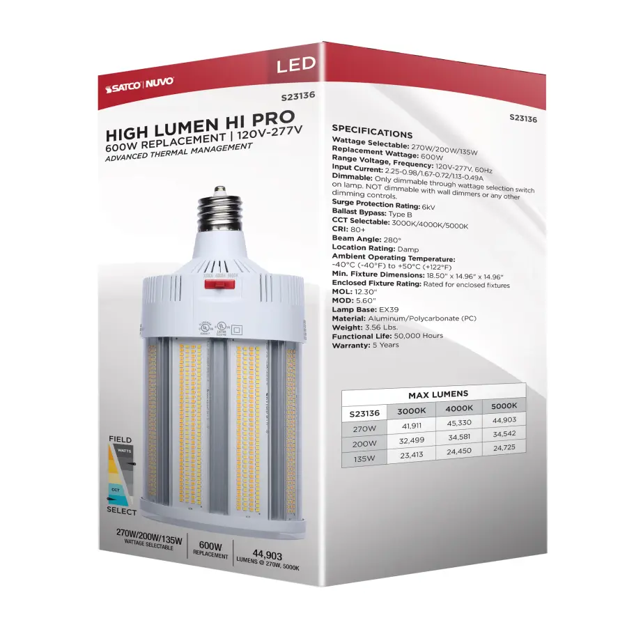 270/200/135 Watt - 30K/40K/50K CCT - Field Selectable LED - Corncob - Mogul Extended Base - 120-277 Ranged Voltage - 600 Watt HID Replacement - Image 19