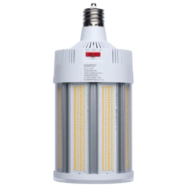 SATCO NUVO Hi-Lumen Hi-Pro lamps deliver exceptional LED illumination, replacing metal halide lamps from 450W up to 1000W. With a staggering maximum output of over 73,000 lumens, they provide superior brightness while improving energy efficiency and reducing maintenance costs. Built as field selectable, users can adjust both wattage and CCT to meet their specific needs and with an extended mogul EX39 base and rated for enclosed fixtures, these lamps are ideal for industrial and commercial applications such as warehouses, gymnasiums, and factory floors. Featuring a Type B ballast bypass design, they operate without the need for a ballast. Available in 120-277V and 270-480V models, they support a wide range of electrical systems, making them suitable for both small- and large-scale operations. A universal operating position allows for flexible installation, and most models include a support bracket and safety cables for added security where required. For enhanced performance and longevity, these lamps feature an integrated active cooling fan and 4kV or 6kV surge protection. With a 50,000-hour functional life and a 5-year warranty, these lamps deliver long-lasting, high-lumen output where it matters most.