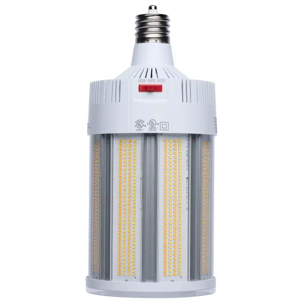 SATCO NUVO Hi-Lumen Hi-Pro lamps deliver exceptional LED illumination, replacing metal halide lamps from 450W up to 1000W. With a staggering maximum output of over 73,000 lumens, they provide superior brightness while improving energy efficiency and reducing maintenance costs. Built as field selectable, users can adjust both wattage and CCT to meet their specific needs and with an extended mogul EX39 base and rated for enclosed fixtures, these lamps are ideal for industrial and commercial applications such as warehouses, gymnasiums, and factory floors. Featuring a Type B ballast bypass design, they operate without the need for a ballast. Available in 120-277V and 270-480V models, they support a wide range of electrical systems, making them suitable for both small- and large-scale operations. A universal operating position allows for flexible installation, and most models include a support bracket and safety cables for added security where required. For enhanced performance and longevity, these lamps feature an integrated active cooling fan and 4kV or 6kV surge protection. With a 50,000-hour functional life and a 5-year warranty, these lamps deliver long-lasting, high-lumen output where it matters most. - alternate view