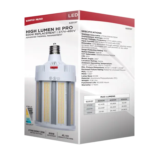 270/200/135 Watt - 30K/40K/50K CCT - Field Selectable LED - Corncob - Mogul Extended Base - 277-480 Ranged Voltage - 600 Watt HID Replacement - Image 19