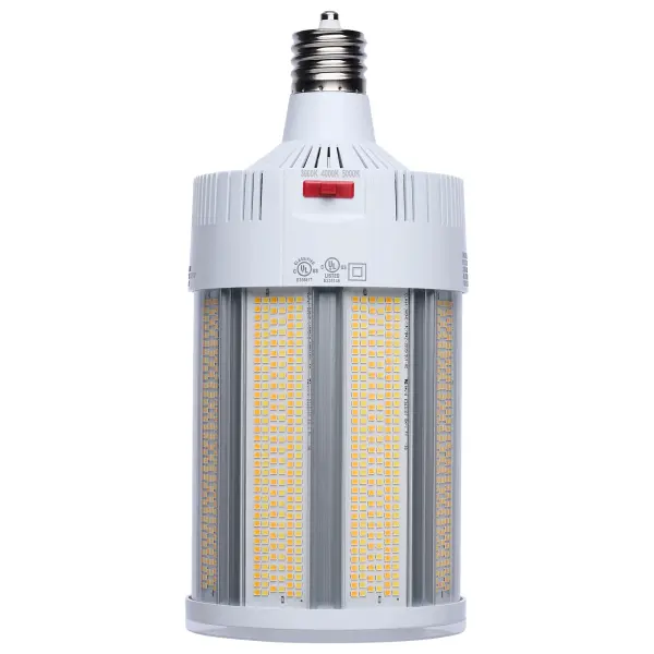 SATCO NUVO Hi-Lumen Hi-Pro lamps deliver exceptional LED illumination, replacing metal halide lamps from 450W up to 1000W. With a staggering maximum output of over 73,000 lumens, they provide superior brightness while improving energy efficiency and reducing maintenance costs. Built as field selectable, users can adjust both wattage and CCT to meet their specific needs and with an extended mogul EX39 base and rated for enclosed fixtures, these lamps are ideal for industrial and commercial applications such as warehouses, gymnasiums, and factory floors. Featuring a Type B ballast bypass design, they operate without the need for a ballast. Available in 120-277V and 270-480V models, they support a wide range of electrical systems, making them suitable for both small- and large-scale operations. A universal operating position allows for flexible installation, and most models include a support bracket and safety cables for added security where required. For enhanced performance and longevity, these lamps feature an integrated active cooling fan and 4kV or 6kV surge protection. With a 50,000-hour functional life and a 5-year warranty, these lamps deliver long-lasting, high-lumen output where it matters most. - alternate view