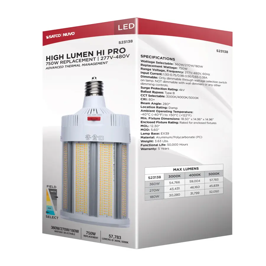 360/270/180 Watt - 30K/40K/50K CCT - Field Selectable LED - Corncob - Mogul Extended Base - 277-480 Ranged Voltage - 750 Watt HID Replacement - Image 18