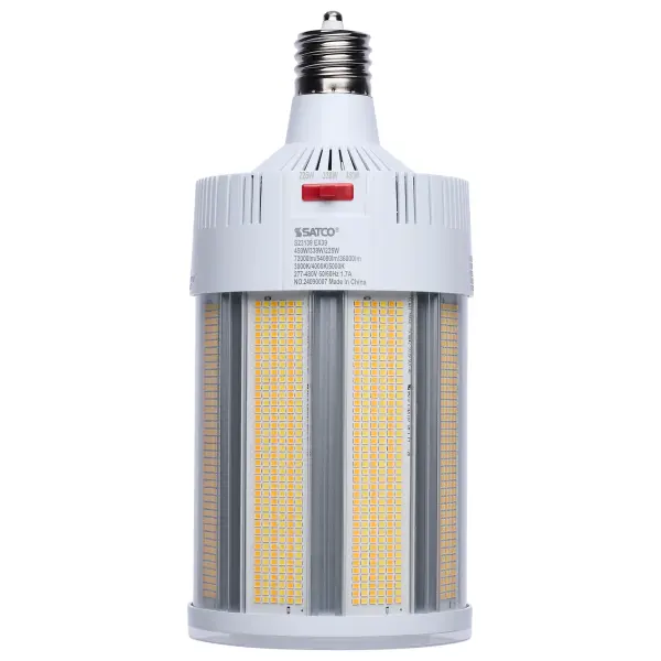 SATCO NUVO Hi-Lumen Hi-Pro lamps deliver exceptional LED illumination, replacing metal halide lamps from 450W up to 1000W. With a staggering maximum output of over 73,000 lumens, they provide superior brightness while improving energy efficiency and reducing maintenance costs. Built as field selectable, users can adjust both wattage and CCT to meet their specific needs and with an extended mogul EX39 base and rated for enclosed fixtures, these lamps are ideal for industrial and commercial applications such as warehouses, gymnasiums, and factory floors. Featuring a Type B ballast bypass design, they operate without the need for a ballast. Available in 120-277V and 270-480V models, they support a wide range of electrical systems, making them suitable for both small- and large-scale operations. A universal operating position allows for flexible installation, and most models include a support bracket and safety cables for added security where required. For enhanced performance and longevity, these lamps feature an integrated active cooling fan and 4kV or 6kV surge protection. With a 50,000-hour functional life and a 5-year warranty, these lamps deliver long-lasting, high-lumen output where it matters most.