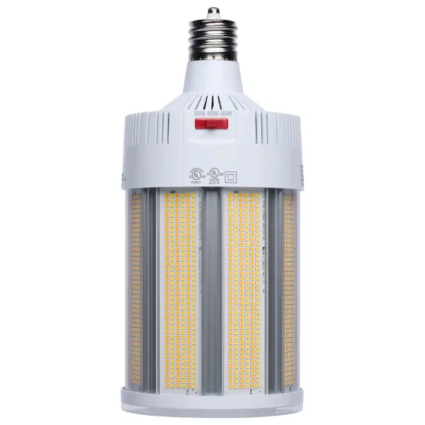 SATCO NUVO Hi-Lumen Hi-Pro lamps deliver exceptional LED illumination, replacing metal halide lamps from 450W up to 1000W. With a staggering maximum output of over 73,000 lumens, they provide superior brightness while improving energy efficiency and reducing maintenance costs. Built as field selectable, users can adjust both wattage and CCT to meet their specific needs and with an extended mogul EX39 base and rated for enclosed fixtures, these lamps are ideal for industrial and commercial applications such as warehouses, gymnasiums, and factory floors. Featuring a Type B ballast bypass design, they operate without the need for a ballast. Available in 120-277V and 270-480V models, they support a wide range of electrical systems, making them suitable for both small- and large-scale operations. A universal operating position allows for flexible installation, and most models include a support bracket and safety cables for added security where required. For enhanced performance and longevity, these lamps feature an integrated active cooling fan and 4kV or 6kV surge protection. With a 50,000-hour functional life and a 5-year warranty, these lamps deliver long-lasting, high-lumen output where it matters most. - alternate view