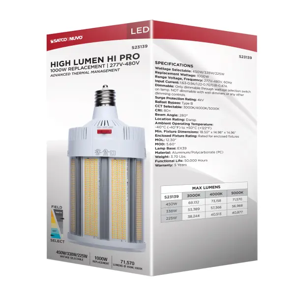 450/338/225 Watt - 30K/40K/50K CCT - Field Selectable LED - Corncob - Mogul Extended Base - 277-480 Ranged Voltage - 1000 Watt HID Replacement - Image 18