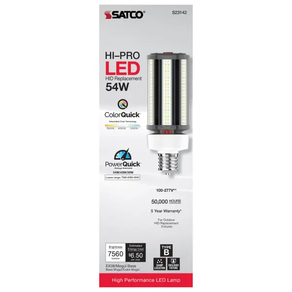 54/45/36 Wattage Selectable - LED HID Replacement - CCT Selectable - Type B - Ballast Bypass - Extended Mogul base - 100-277 Volt - ColorQuick Technology - PowerQuick Technology - Image 8