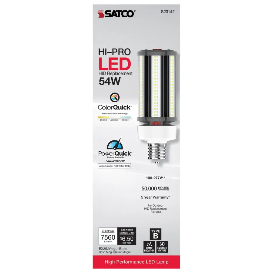 54/45/36 Wattage Selectable - LED HID Replacement - CCT Selectable - Type B - Ballast Bypass - Extended Mogul base - 100-277 Volt - ColorQuick Technology - PowerQuick Technology - Image 8