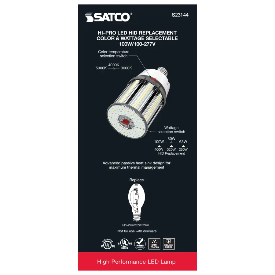 100/80/63 Wattage Selectable - LED HID Replacement - CCT Selectable - Type B - Ballast Bypass - Extended Mogul base - 100-277 Volt - ColorQuick Technology - PowerQuick Technology - Image 9