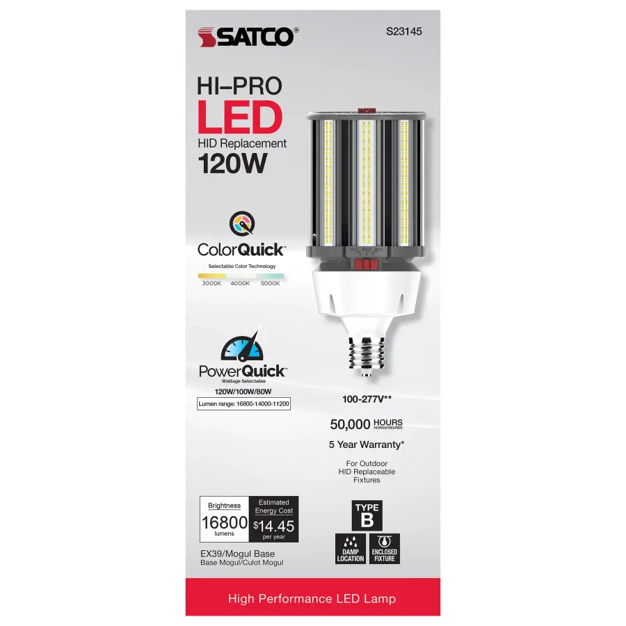 120/100/80 Wattage Selectable - LED HID Replacement - CCT Selectable - Type B - Ballast Bypass - Extended Mogul base - 100-277 Volt - ColorQuick Technology - PowerQuick Technology - Image 8