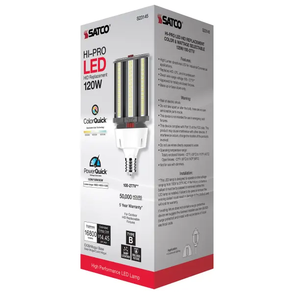 120/100/80 Wattage Selectable - LED HID Replacement - CCT Selectable - Type B - Ballast Bypass - Extended Mogul base - 100-277 Volt - ColorQuick Technology - PowerQuick Technology - Image 10