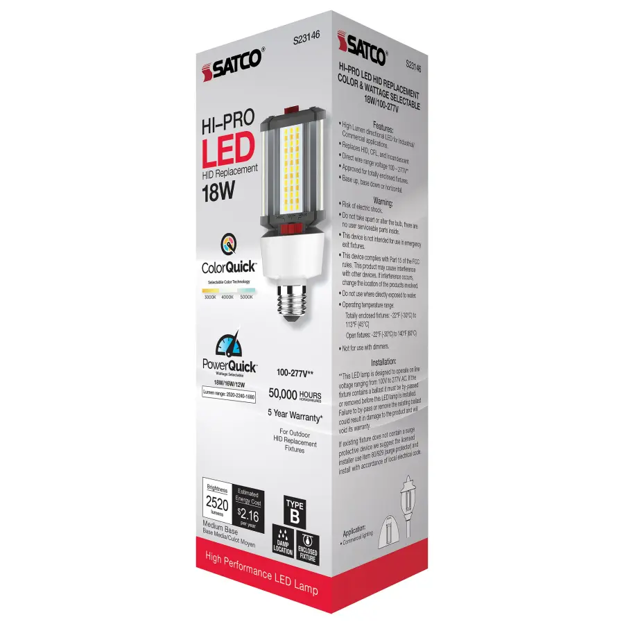 18/16/12 Wattage Selectable - LED HID Replacement - CCT Selectable - Type B - Ballast Bypass - Medium base - 100-277 Volt - ColorQuick Technology - PowerQuick Technology - Image 10