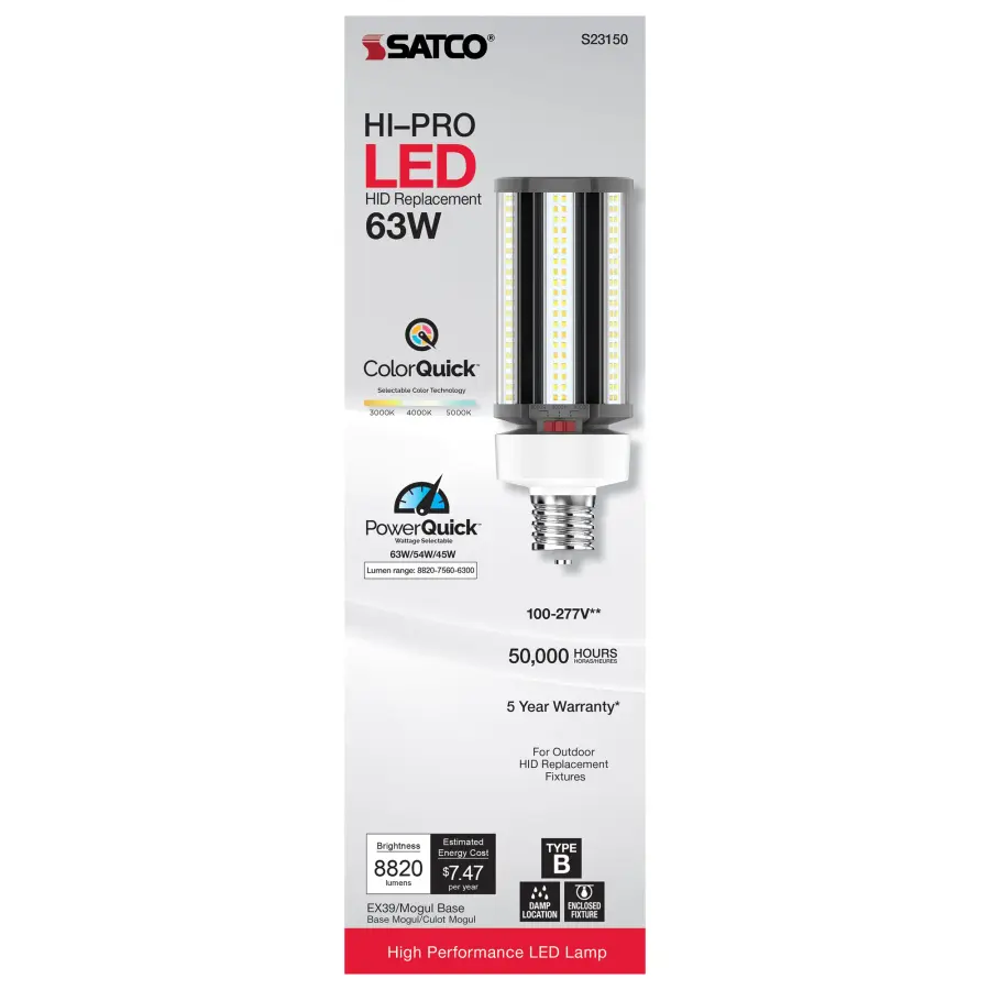 63/54/45 Wattage Selectable - LED HID Replacement - CCT Selectable - Type B - Ballast Bypass - Extended Mogul base - 100-277 Volt - ColorQuick Technology - PowerQuick Technology - Image 8