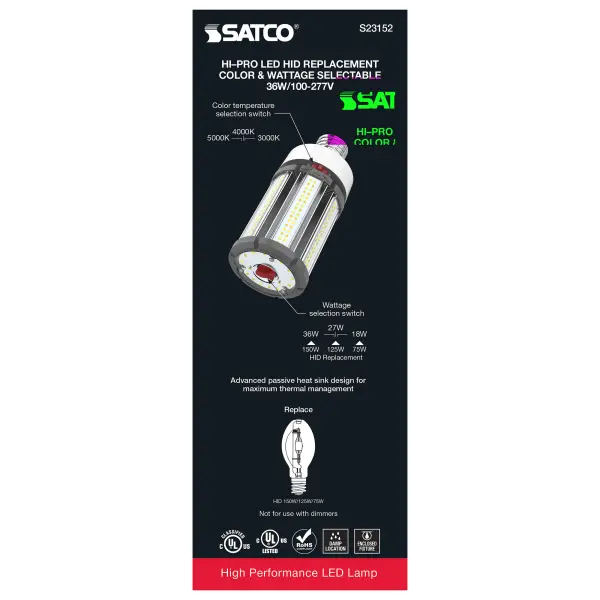 36/27/18 Wattage Selectable - LED HID Replacement - CCT Selectable - Type B - Ballast Bypass - Extended Mogul base - 100-277 Volt - ColorQuick Technology - PowerQuick Technology - Image 8