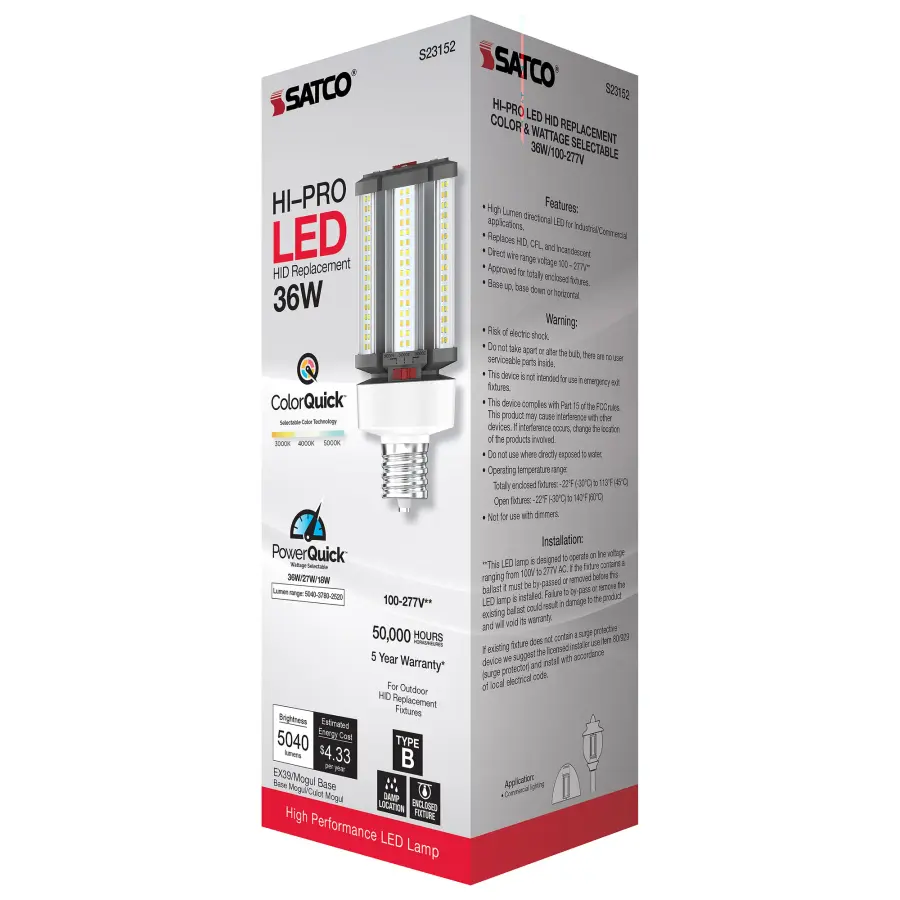 36/27/18 Wattage Selectable - LED HID Replacement - CCT Selectable - Type B - Ballast Bypass - Extended Mogul base - 100-277 Volt - ColorQuick Technology - PowerQuick Technology - Image 9