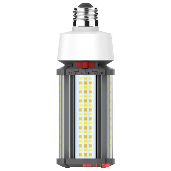 Satco's 27 watt corncob lamp is the lamp of choice for large scale applications. Illuminate gymnasiums, warehouses, or any venue with high ceilings requiring superior light output. This CCT selectable lamp delivers 50,000 hours of clean, energy saving light.