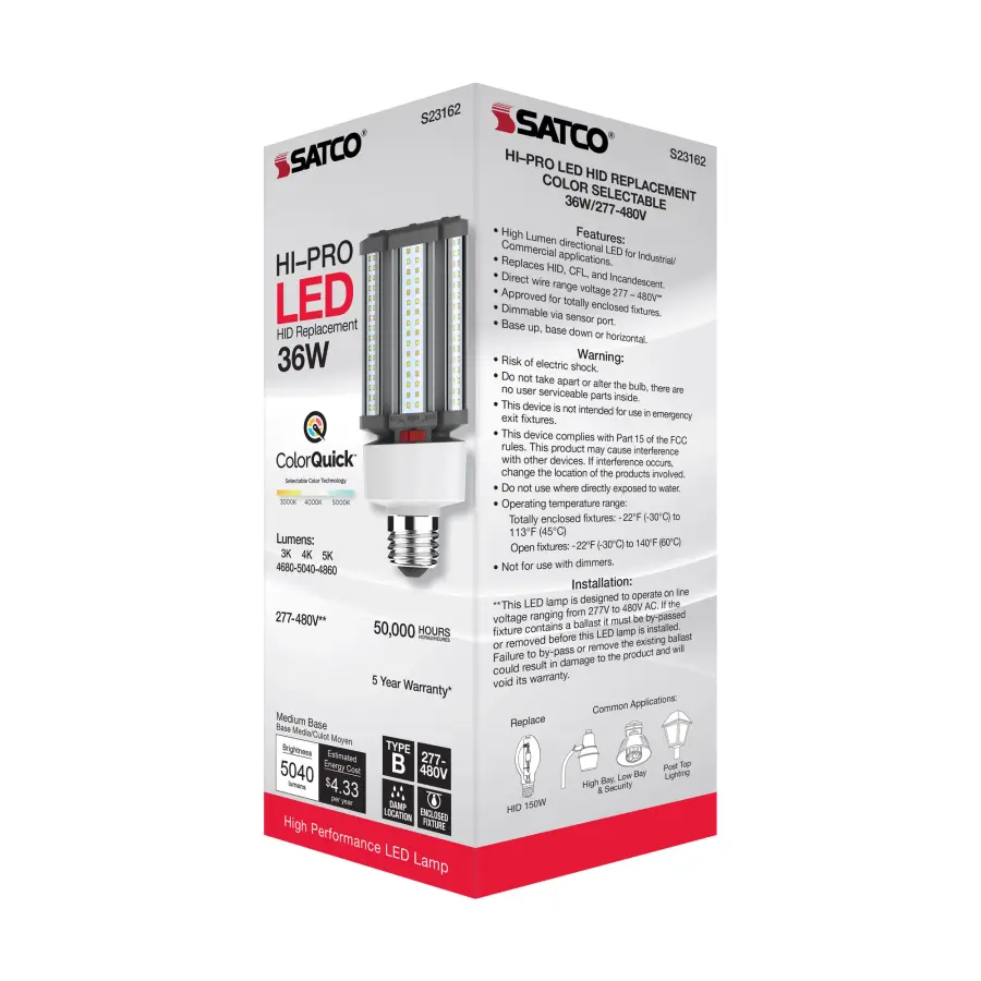36 Watt LED HID Replacement - CCT Selectable - Type B - Ballast Bypass - Medium Base - 277-480 Volt - ColorQuick Technology - Image 11