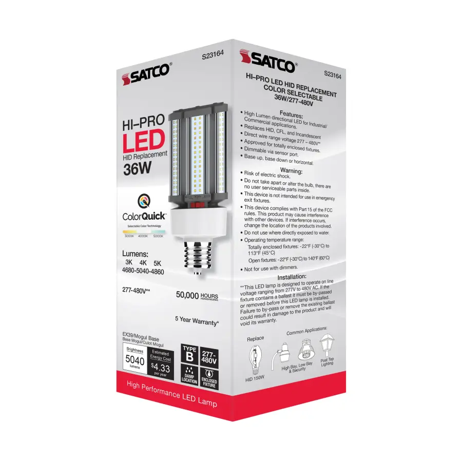 36 Watt LED HID Replacement - CCT Selectable - Type B - Ballast Bypass - Mogul Extended Base - 277-480 Volt - ColorQuick Technology - Image 11
