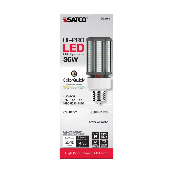 36 Watt LED HID Replacement - CCT Selectable - Type B - Ballast Bypass - Mogul Extended Base - 277-480 Volt - ColorQuick Technology - Image 7