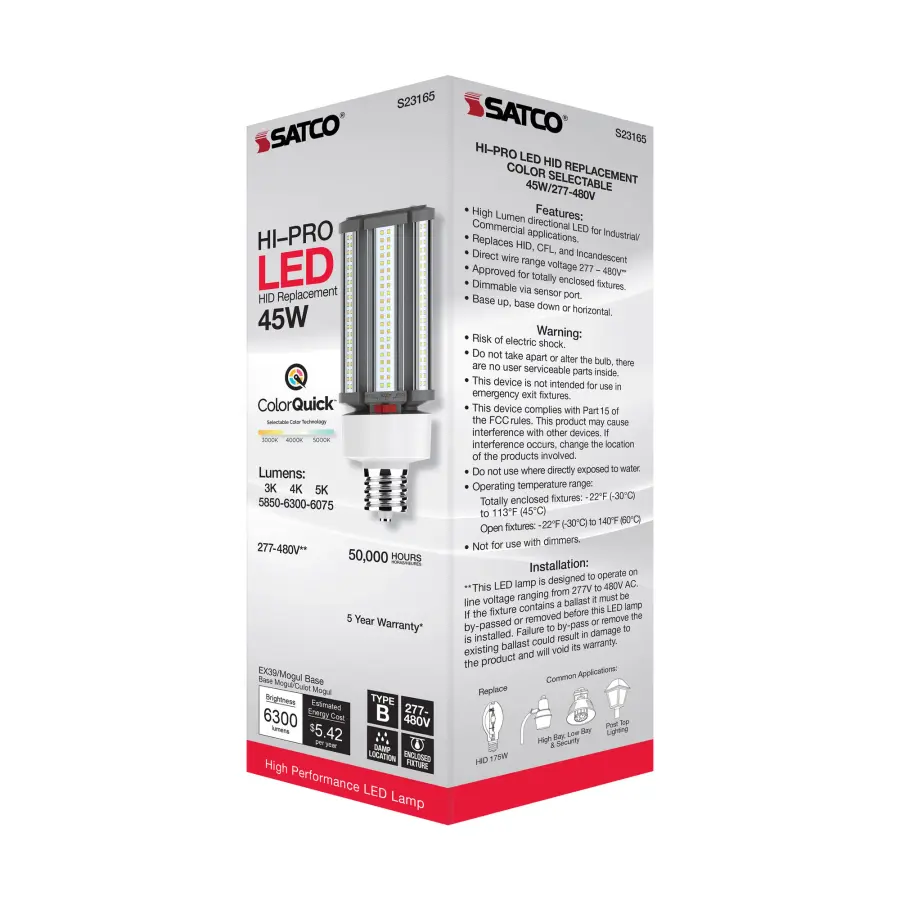 45 Watt LED HID Replacement - CCT Selectable - Type B - Ballast Bypass - Mogul Extended Base - 277-480 Volt - ColorQuick Technology - Image 11