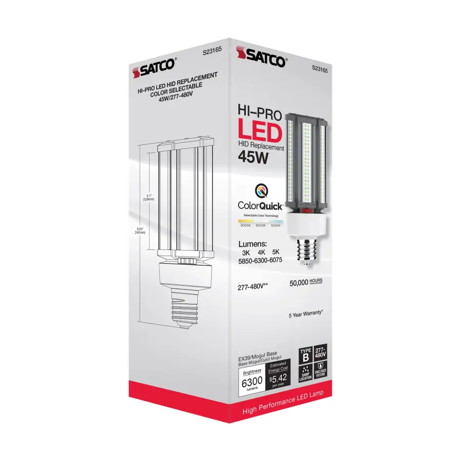 45 Watt LED HID Replacement - CCT Selectable - Type B - Ballast Bypass - Mogul Extended Base - 277-480 Volt - ColorQuick Technology - Image 12