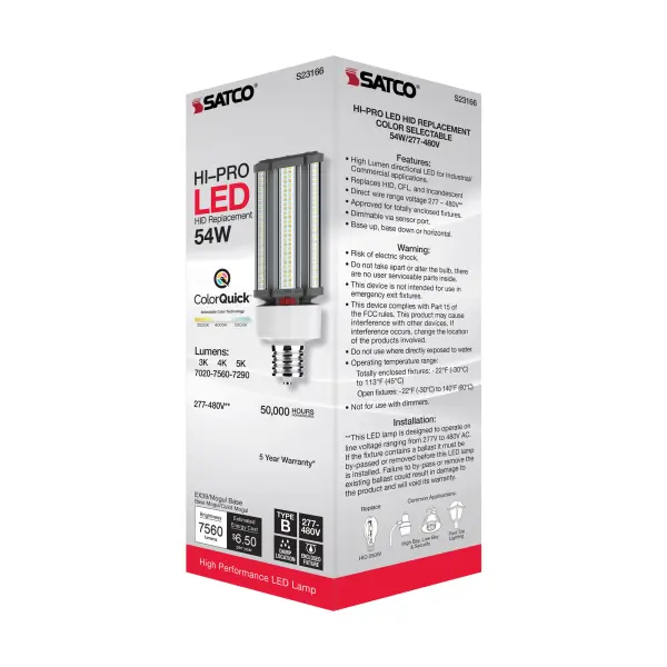 54 Watt LED HID Replacement - CCT Selectable - Type B - Ballast Bypass - Mogul Extended Base - 277-480 Volt - ColorQuick Technology - Image 11