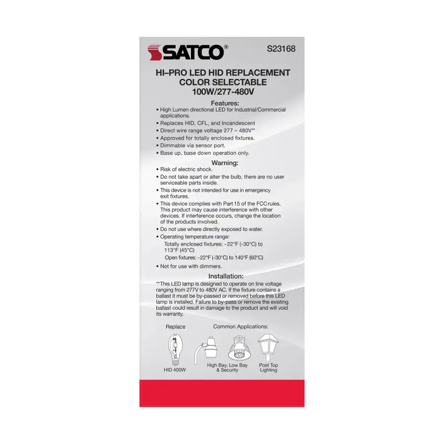 100 Watt LED HID Replacement - CCT Selectable - Type B - Ballast Bypass - Mogul Extended Base - 277-480 Volt - ColorQuick Technology - Image 9