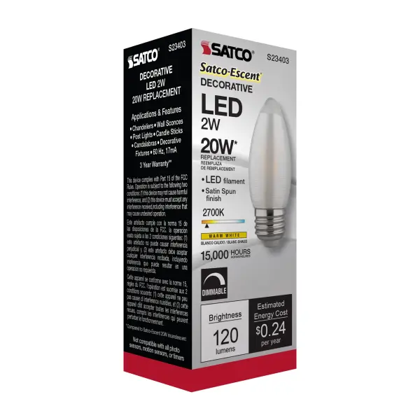 2 Watt C11 LED Filament - Satin Spun - Clear - Medium base - 2700K - 120 Lumens - 120 Volt - Image 9