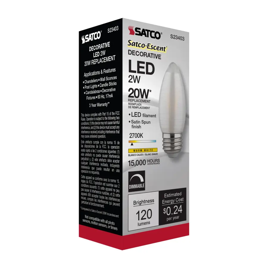 2 Watt C11 LED Filament - Satin Spun - Clear - Medium base - 2700K - 120 Lumens - 120 Volt - Image 9